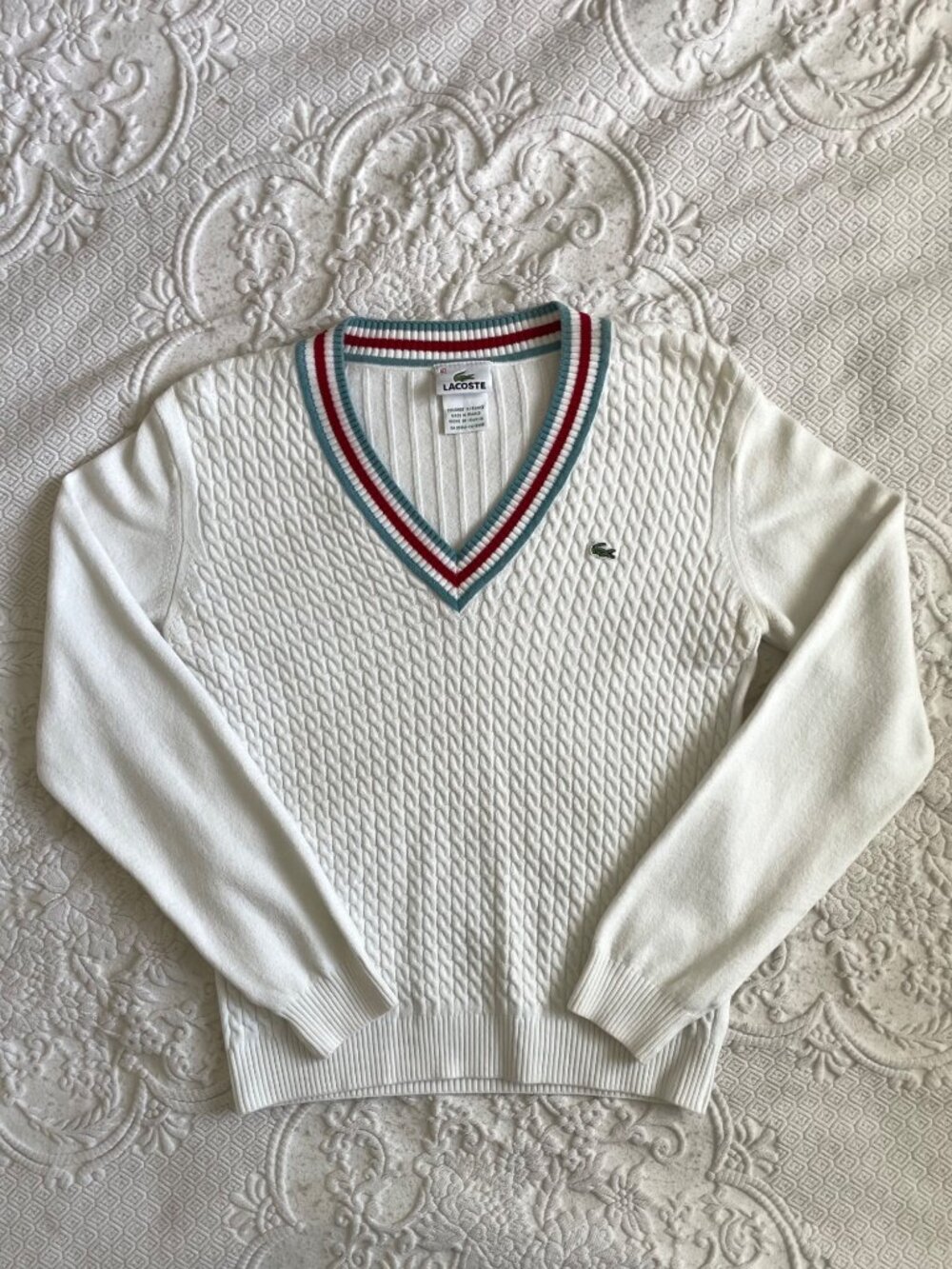 Vintage Lacoste Cable Knit Tennis V-Neck Sweater French Old Money Size 40